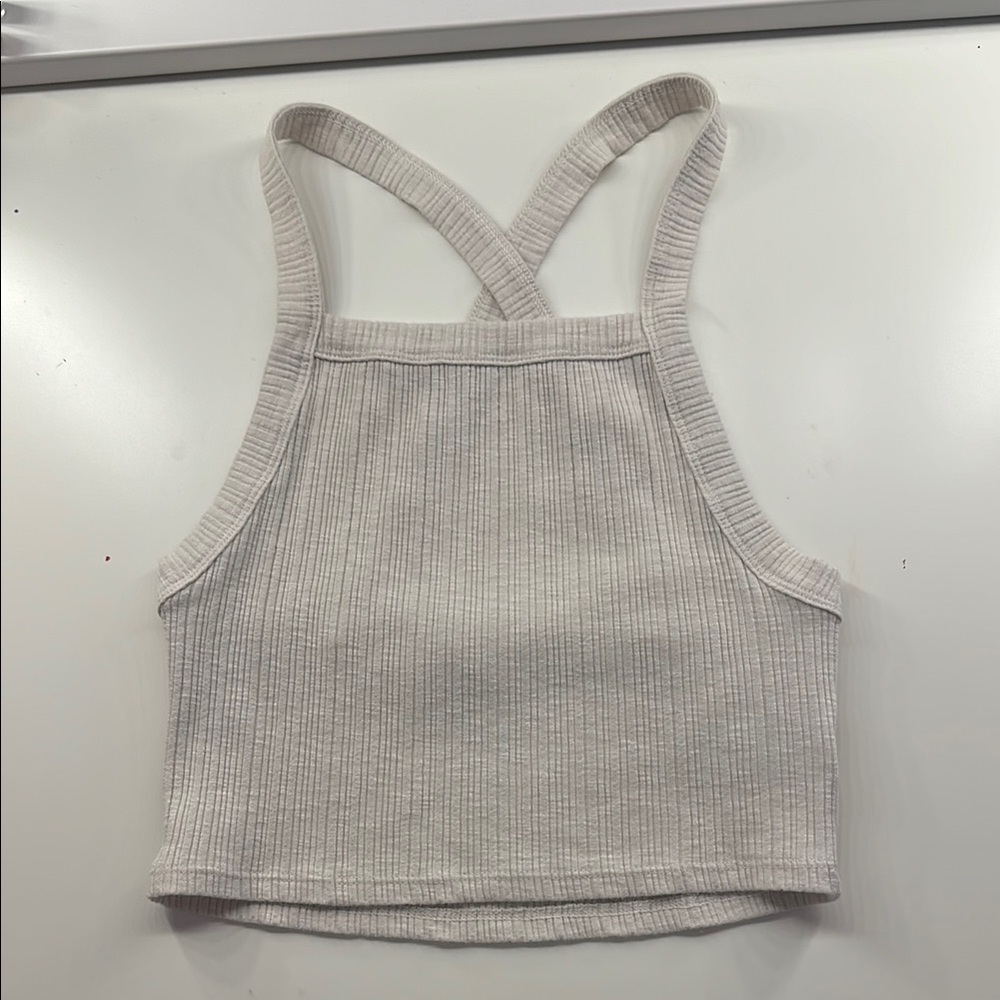 Ribbed Knit Cross-Back Tank Top - Light Gray